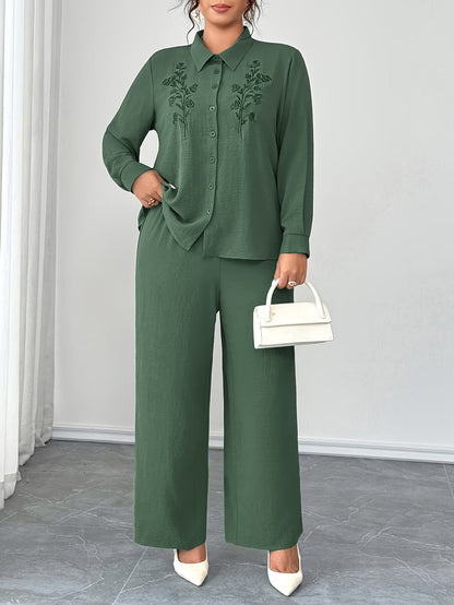 Plus Size Embroidered Oversized Co-Ord Set – Collared Shirt & Elastic Waist Straight-Leg Pants