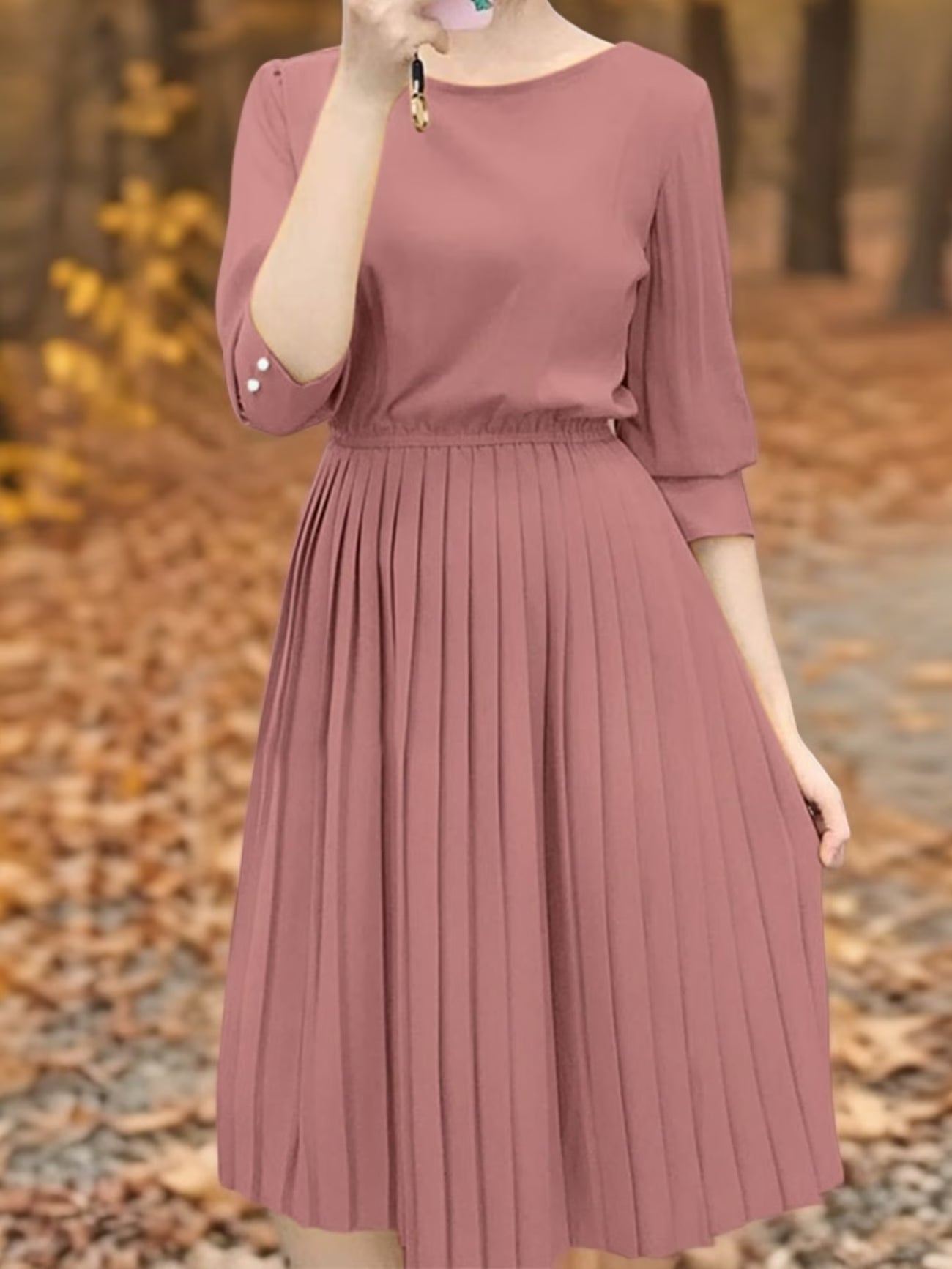 Elegant Korean Style Pleated A-Line Knee Length Dress