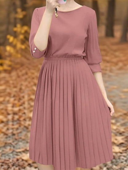 Elegant Korean Style Pleated A-Line Knee Length Dress