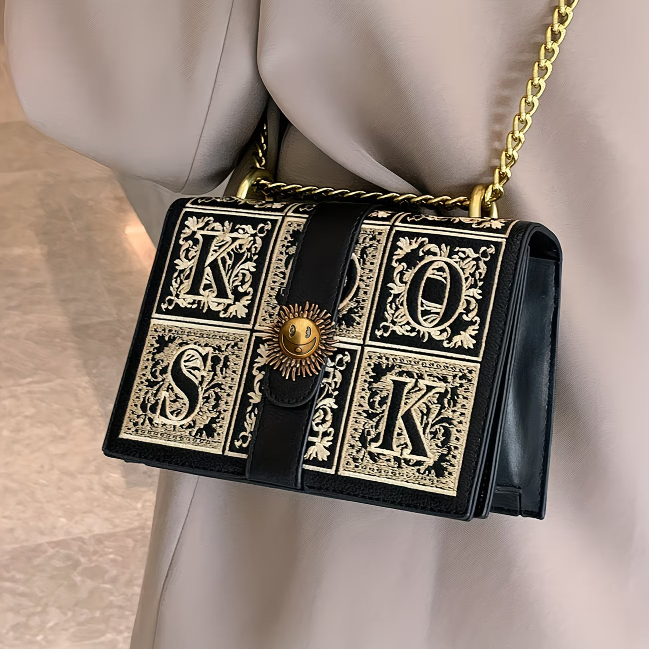 LABOONOO Women’s Chain Crossbody Bag – Geometric Embroidery, Buckle Detail, Small Square Commuter Purse
