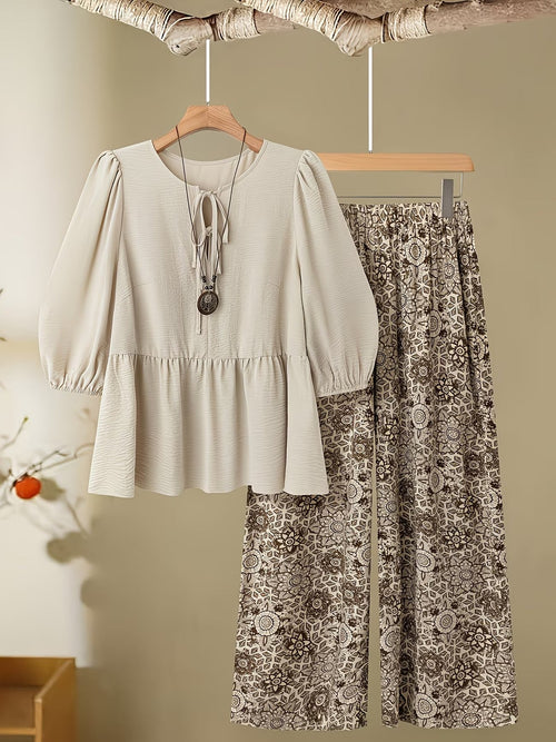 Curvy Chic Tie-Up Blouse & Wide-Leg Pants Co-Ord Set