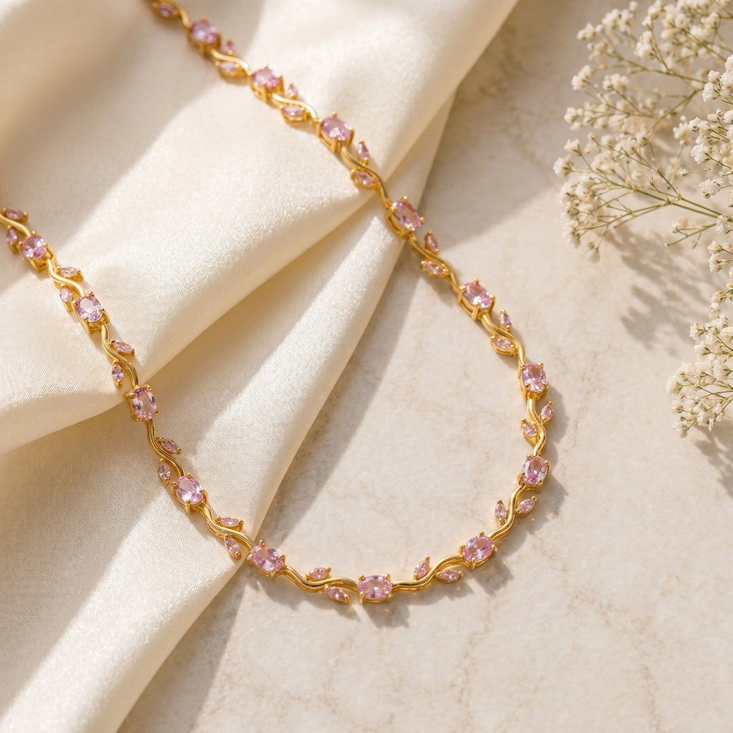 Pink Tulip Crystal Floral Necklace