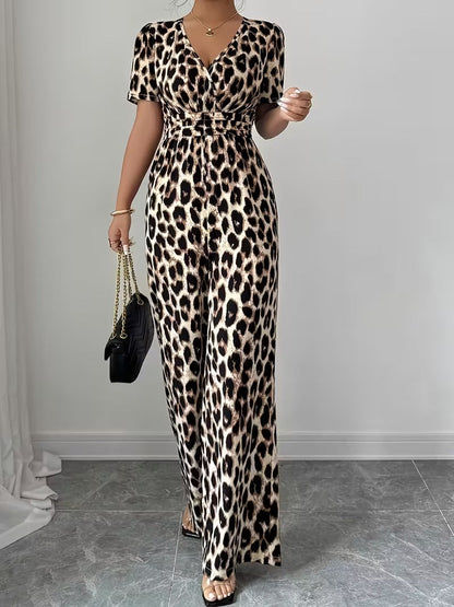 Modern Contrast Print V-Neck Jumpsuit with Elastic Waist & Belt