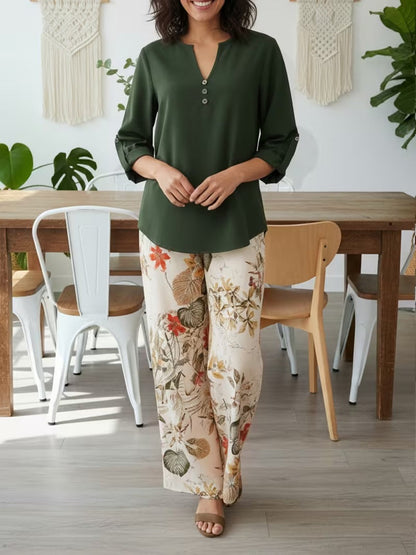 Graceful Tie-Neck Ruffle Top & Printed Pocket Trousers Set