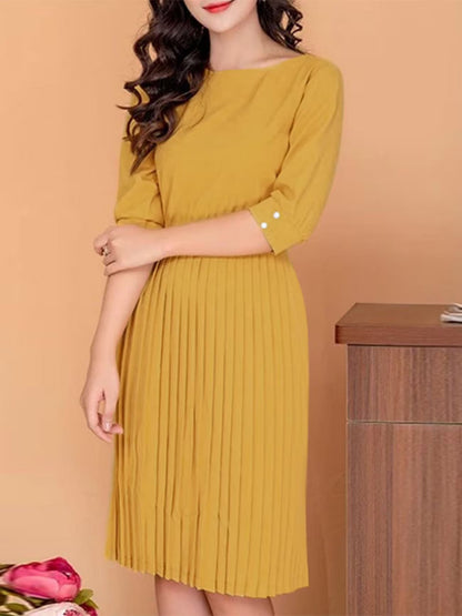 Elegant Korean Style Pleated A-Line Knee Length Dress