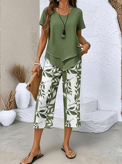 Graceful Tie-Neck Ruffle Top & Printed Pocket Trousers Set