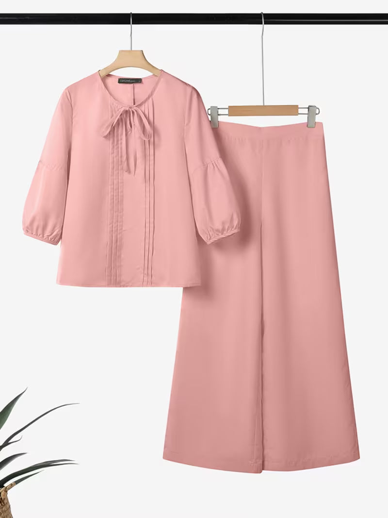 Luxe Bow-Knot Pleated Blouse & Wide-Leg Pants Co-Ord Set