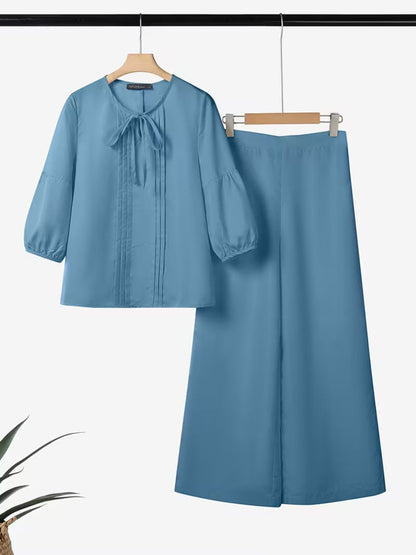 Luxe Bow-Knot Pleated Blouse & Wide-Leg Pants Co-Ord Set
