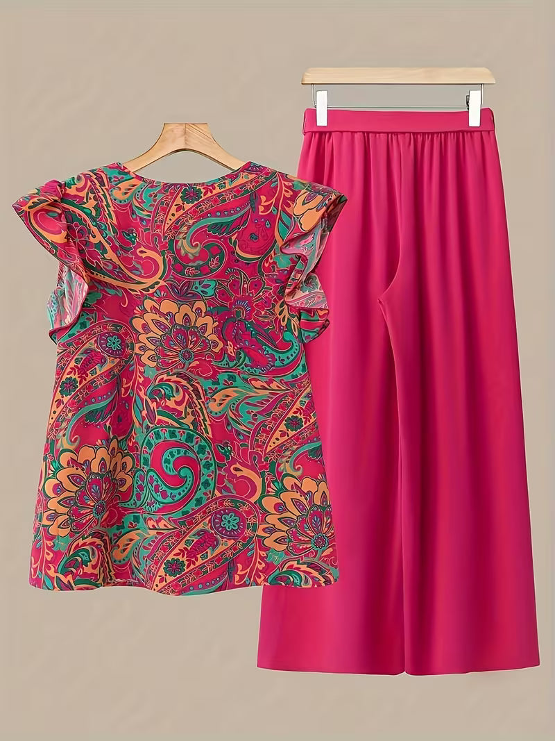 Paisley Elegance V-Neck Pleated Co-Ord Set