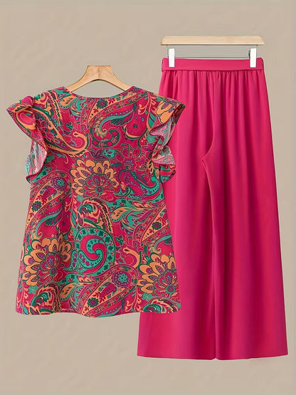 Paisley Elegance V-Neck Pleated Co-Ord Set
