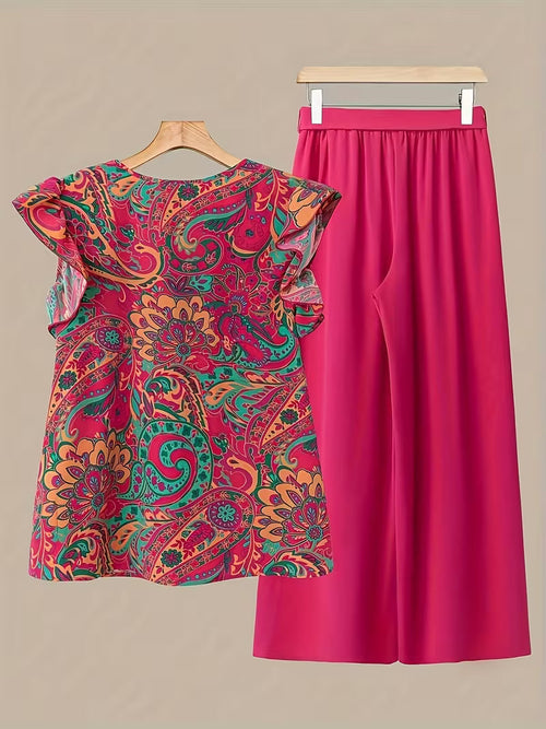 Paisley Elegance V-Neck Pleated Co-Ord Set