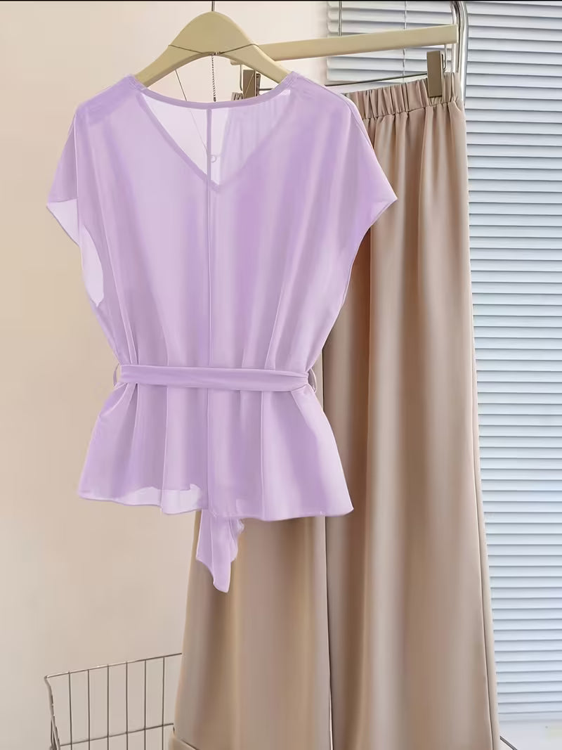 Chic Curve Tie-Up V Neck & Wide-Leg Set