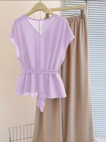 Chic Curve Tie-Up V Neck & Wide-Leg Set