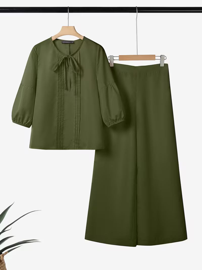 Luxe Bow-Knot Pleated Blouse & Wide-Leg Pants Co-Ord Set