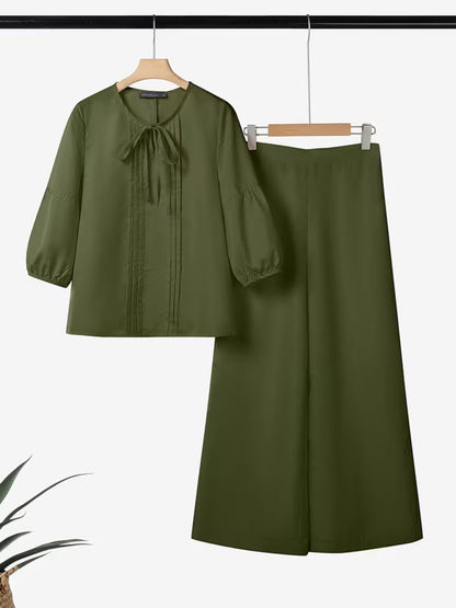 Luxe Bow-Knot Pleated Blouse & Wide-Leg Pants Co-Ord Set