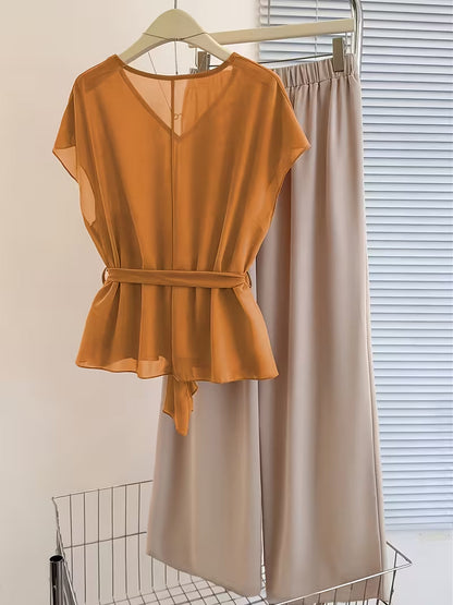 Chic Curve Tie-Up V Neck & Wide-Leg Set