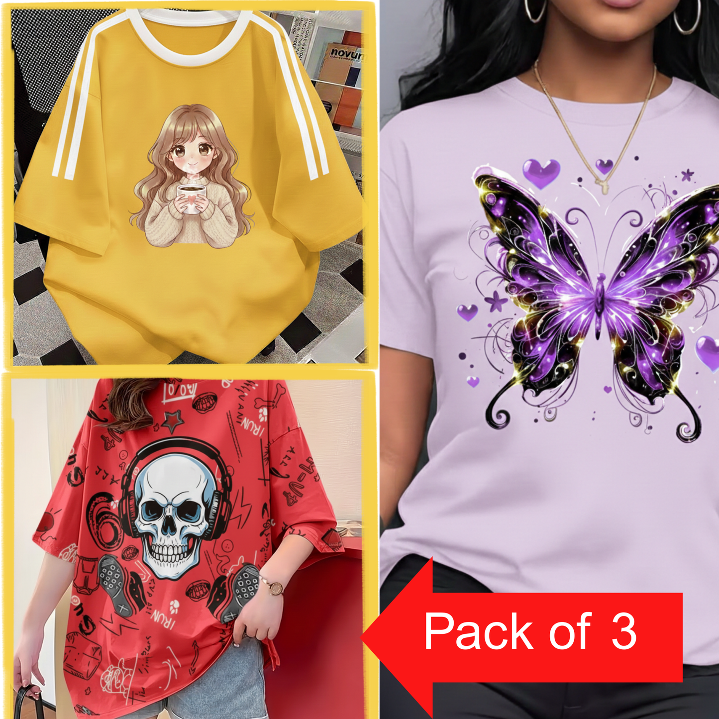 Pack of 3 Women’s Graphic Printed T-Shirts | Casual Stylish Cotton Tees