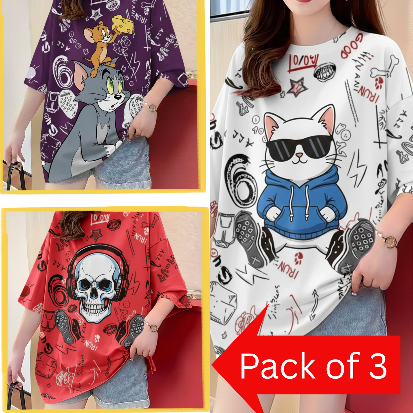 Pack of 3 Women’s Graphic Printed T-Shirts | Casual Stylish Cotton Tees