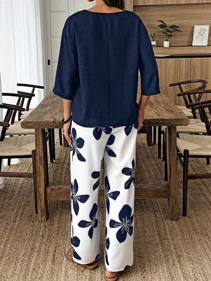 Graceful Tie-Neck Ruffle Top & Printed Pocket Trousers Set