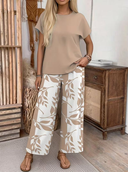 Graceful Tie-Neck Ruffle Top & Printed Pocket Trousers Set