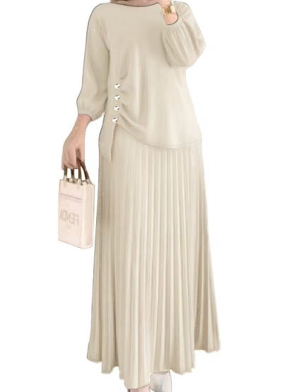 Sophisticated Button Detail Pleated Top & Skirt Co-Ord