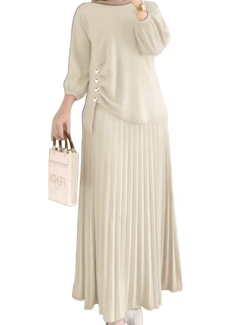 Sophisticated Button Detail Pleated Top & Skirt Co-Ord