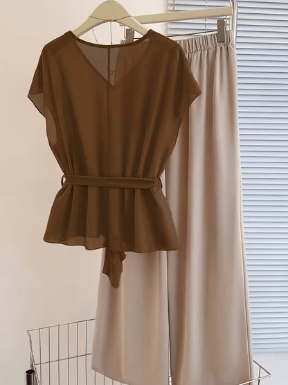 Chic Curve Tie-Up V Neck & Wide-Leg Set
