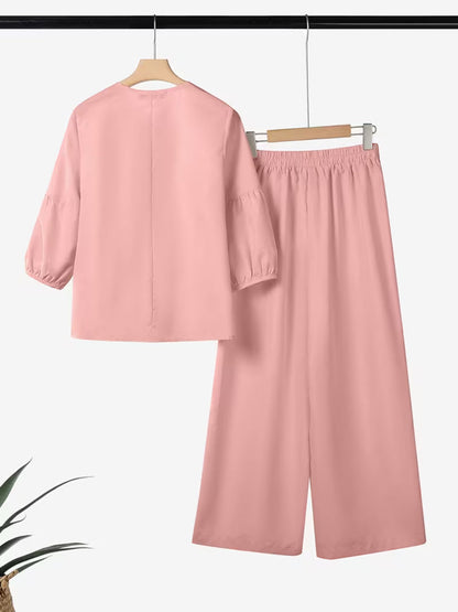 Luxe Bow-Knot Pleated Blouse & Wide-Leg Pants Co-Ord Set