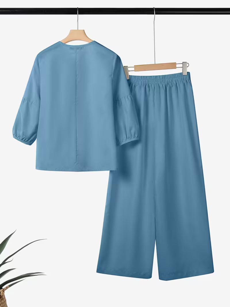 Luxe Bow-Knot Pleated Blouse & Wide-Leg Pants Co-Ord Set