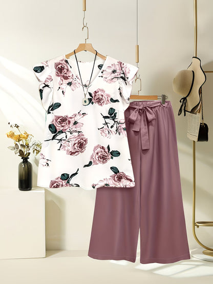 Paisley Elegance V-Neck Pleated Co-Ord Set