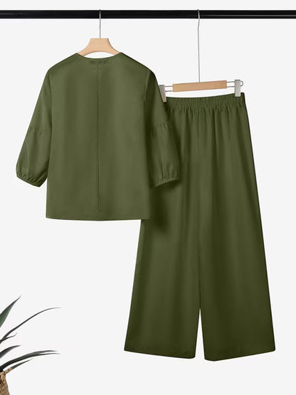 Luxe Bow-Knot Pleated Blouse & Wide-Leg Pants Co-Ord Set