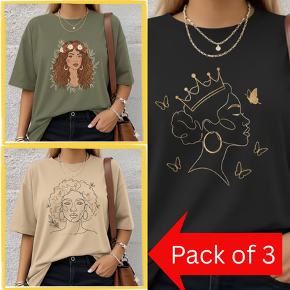 Pack of 3 Women’s Graphic Printed T-Shirts | Casual Stylish Cotton Tees