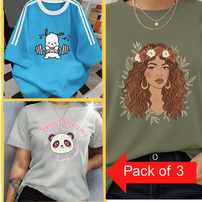 Pack of 3 Women’s Graphic Printed T-Shirts | Casual Stylish Cotton Tees
