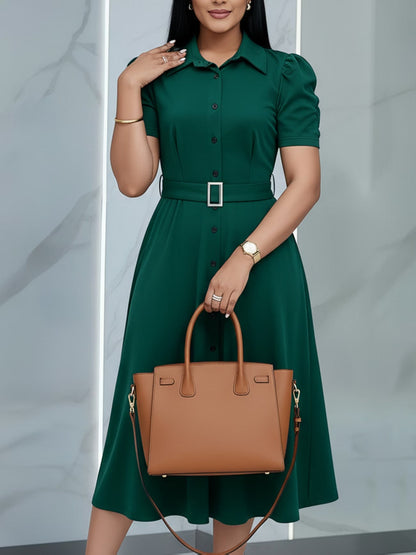 Women’s Lapel Collar Midi Dress with Tie Hem