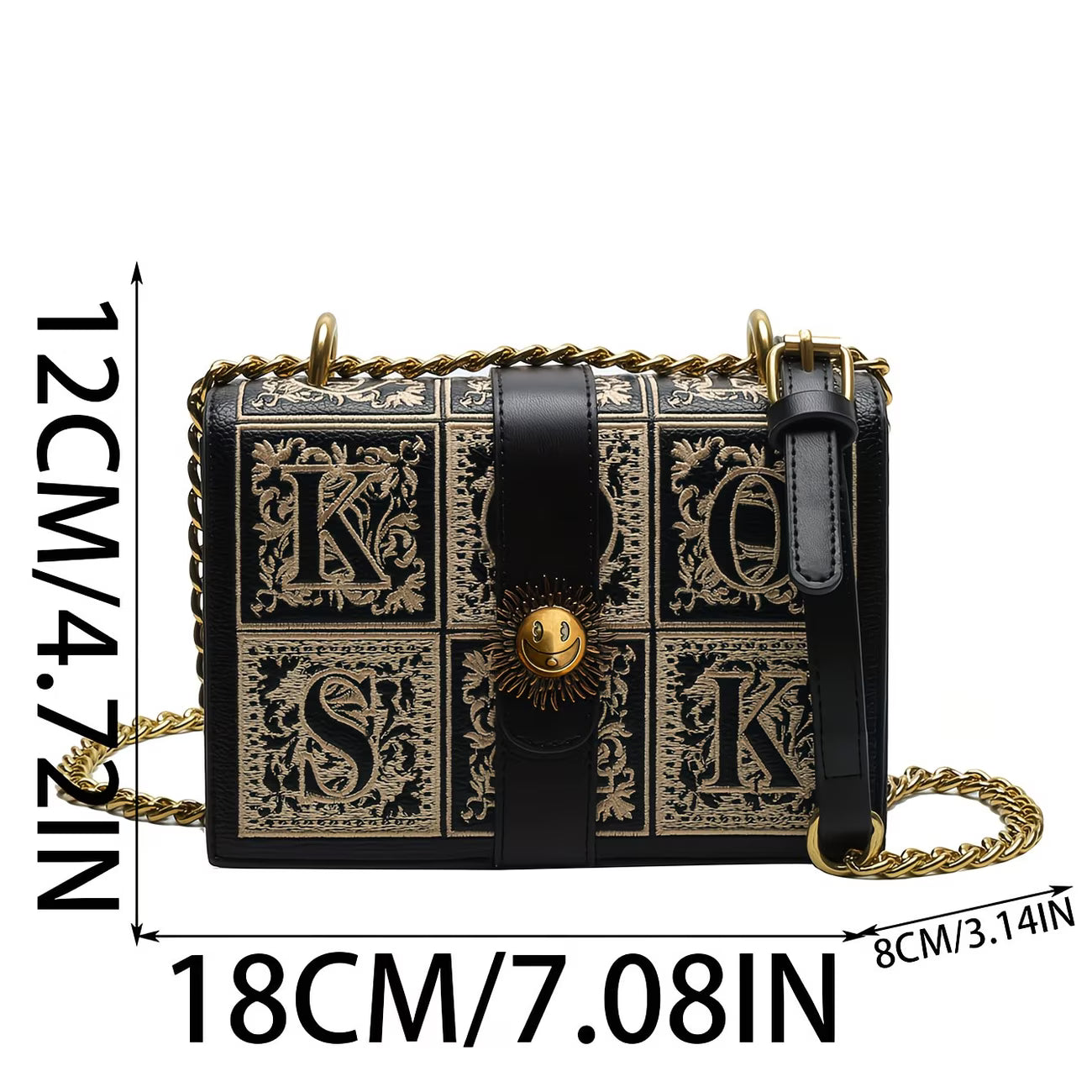 LABOONOO Women’s Chain Crossbody Bag – Geometric Embroidery, Buckle Detail, Small Square Commuter Purse
