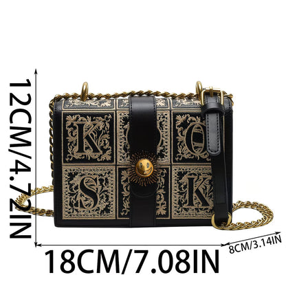LABOONOO Women’s Chain Crossbody Bag – Geometric Embroidery, Buckle Detail, Small Square Commuter Purse