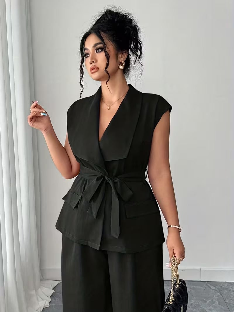 Power Style Plus Size Vest & Wide-Leg Pants Set for Work & Beyond