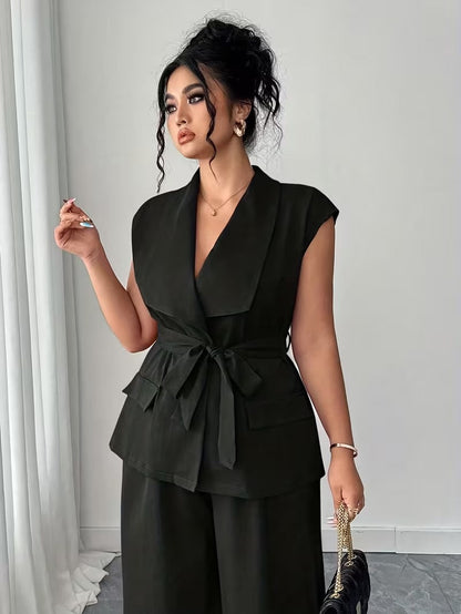 Power Style Plus Size Vest & Wide-Leg Pants Set for Work & Beyond
