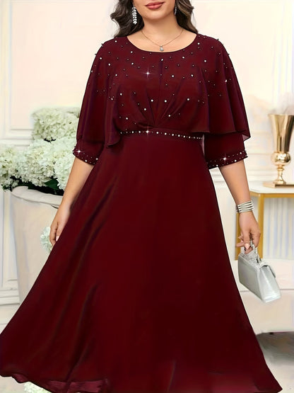 Elegant Plus Size Rhinestone Crew Neck Dress