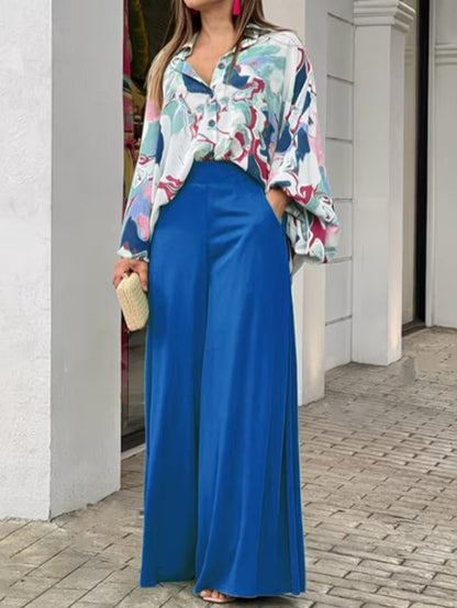 Versatile Plus Size V-Neck Printed Top & Wide-Leg Pants Outfit