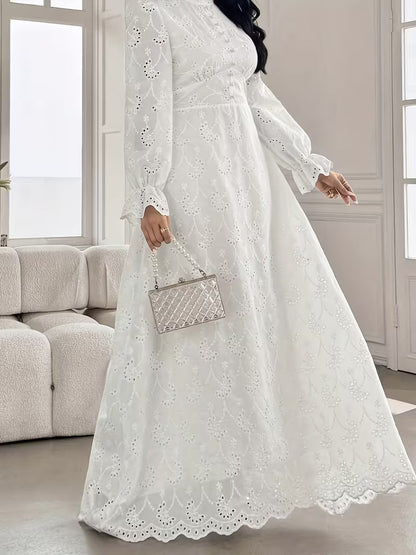 French Embroidered Puff Sleeve Dress – Elegant Ruffle Stand Collar Style