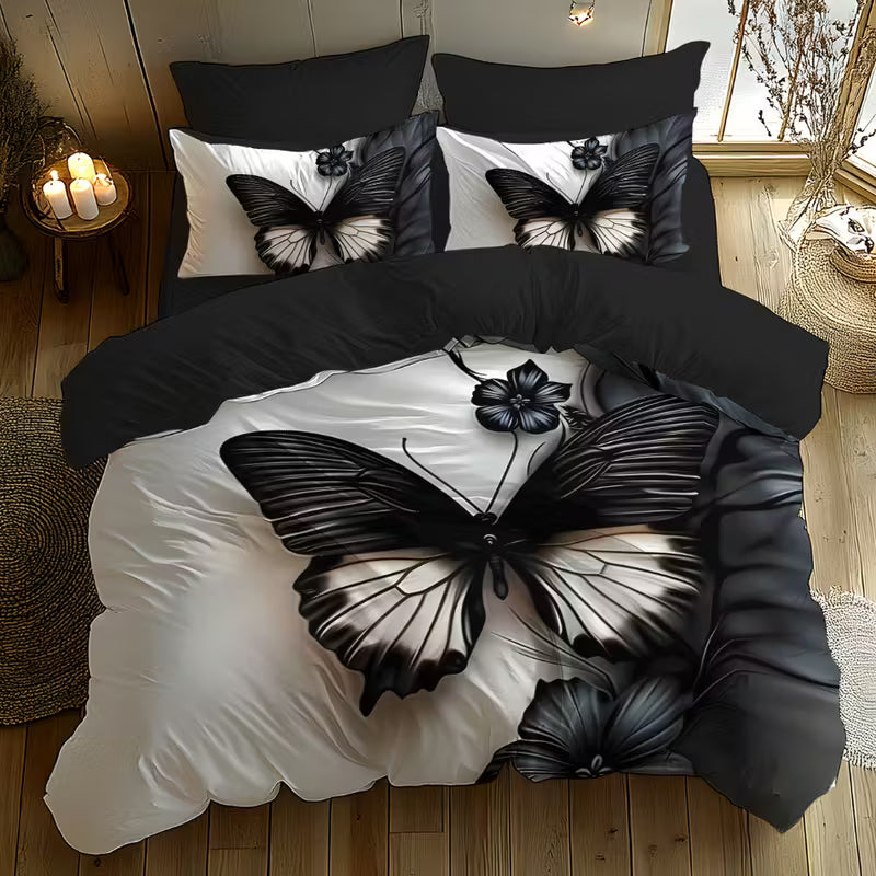 Luxury Dark Butterfly Digital Print Duvet Cover Set – Soft Brushed Polyester Bedding