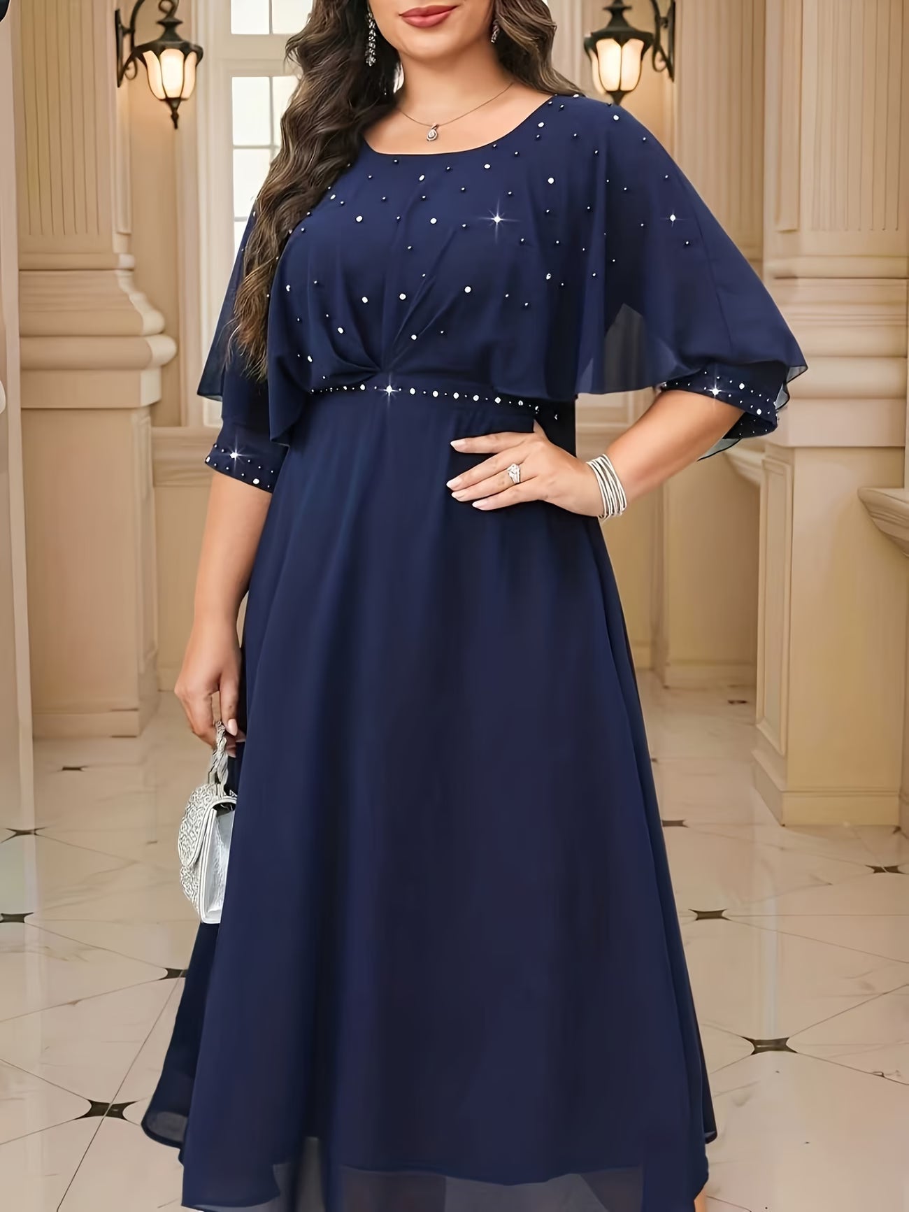 Elegant Plus Size Rhinestone Crew Neck Dress