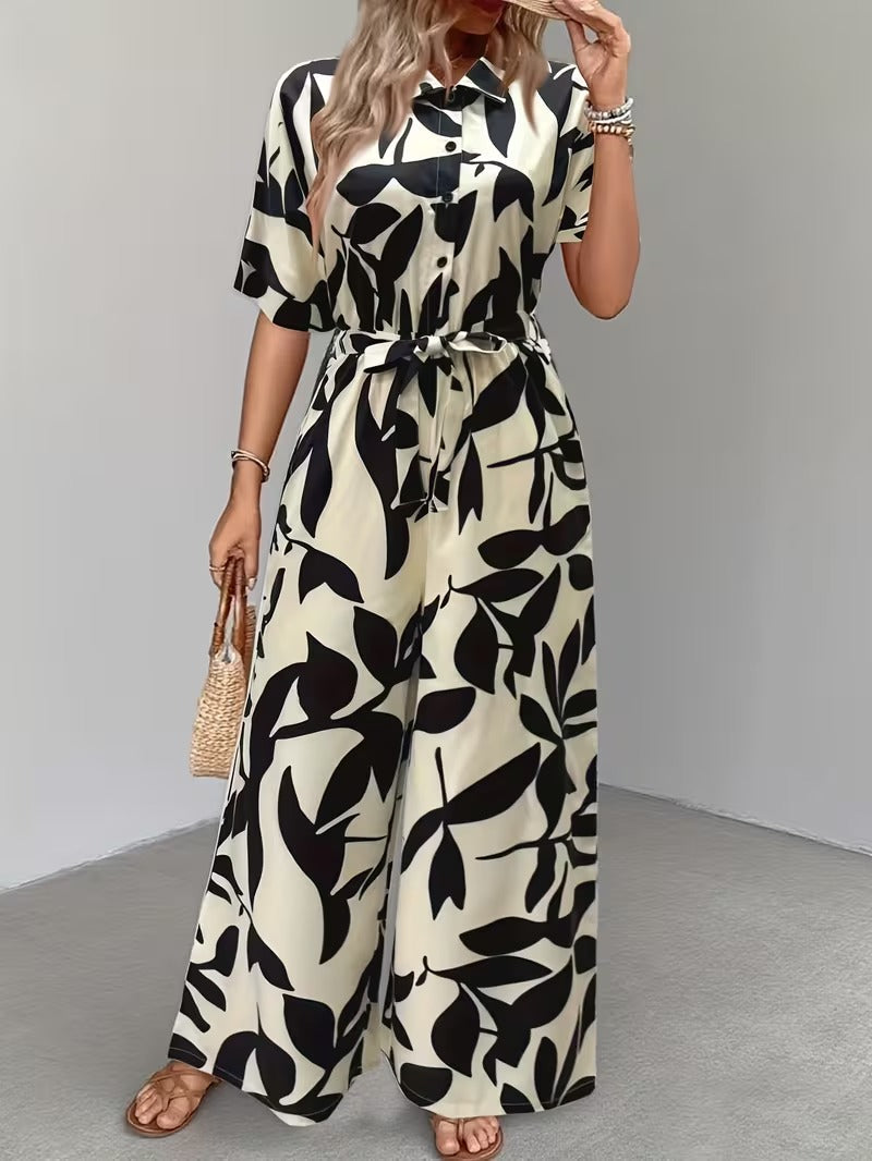 Modern Contrast Print V-Neck Jumpsuit with Elastic Waist & Belt