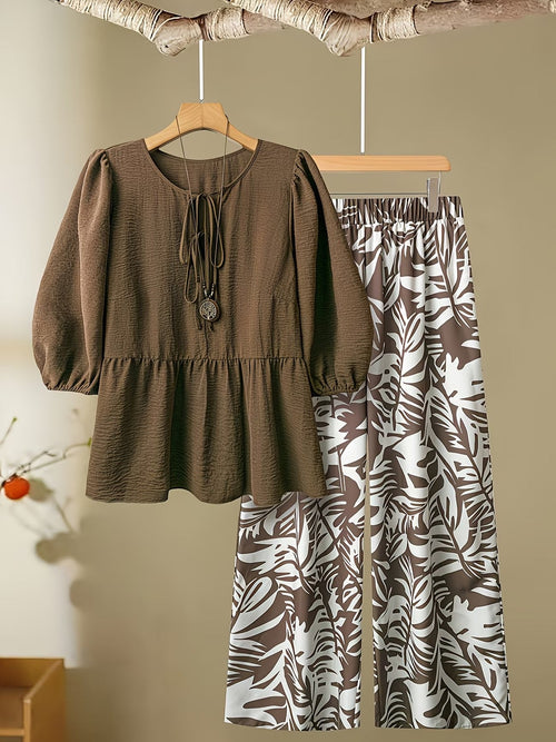 Curvy Chic Tie-Up Blouse & Wide-Leg Pants Co-Ord Set