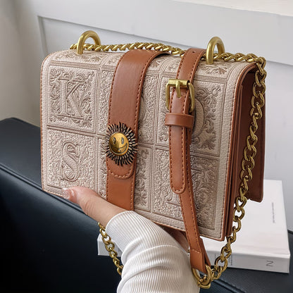 LABOONOO Women’s Chain Crossbody Bag – Geometric Embroidery, Buckle Detail, Small Square Commuter Purse