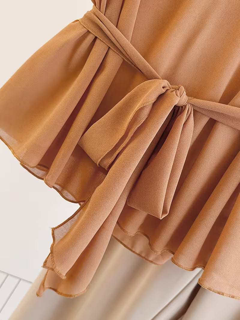Chic Curve Tie-Up V Neck & Wide-Leg Set
