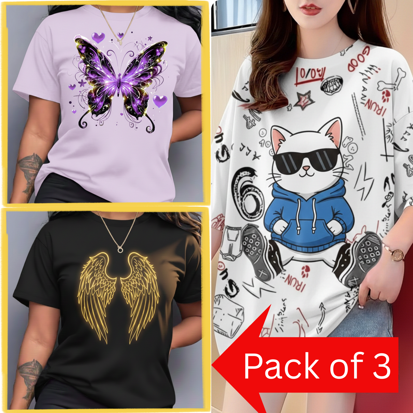 Pack of 3 Women’s Graphic Printed T-Shirts | Casual Stylish Cotton Tees