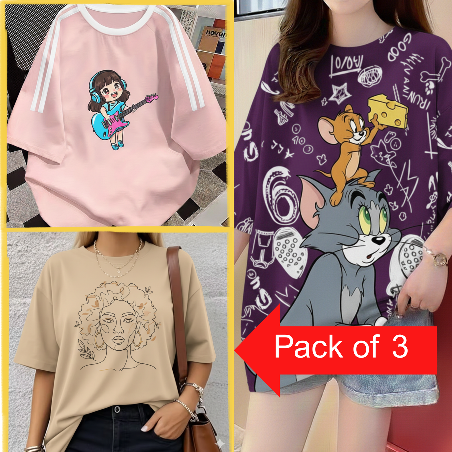 Pack of 3 Women’s Graphic Printed T-Shirts | Casual Stylish Cotton Tees