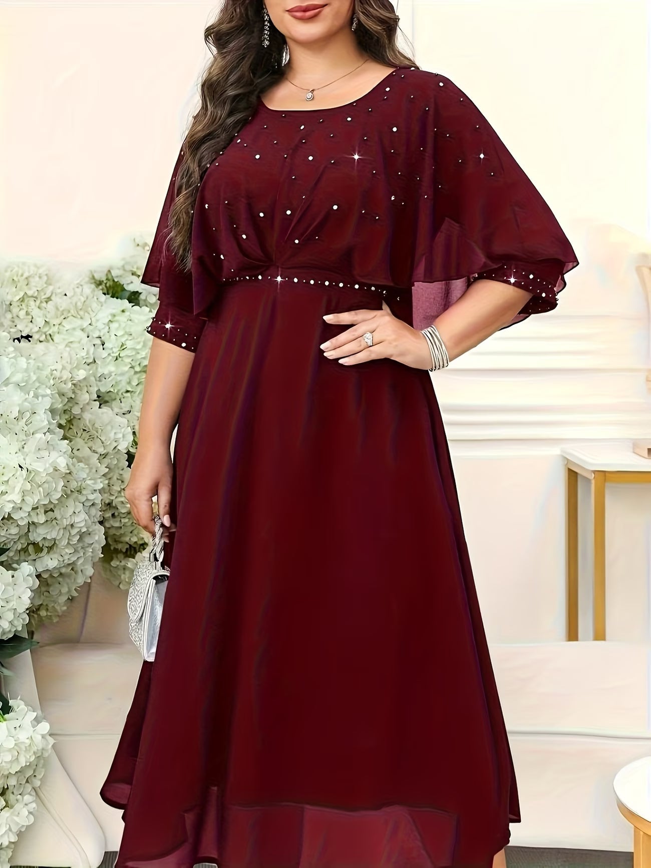 Elegant Plus Size Rhinestone Crew Neck Dress